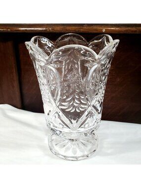 Fifth Avenue Christmas Hurricane Vase Crystal 7.5" Footed Candleholder trees